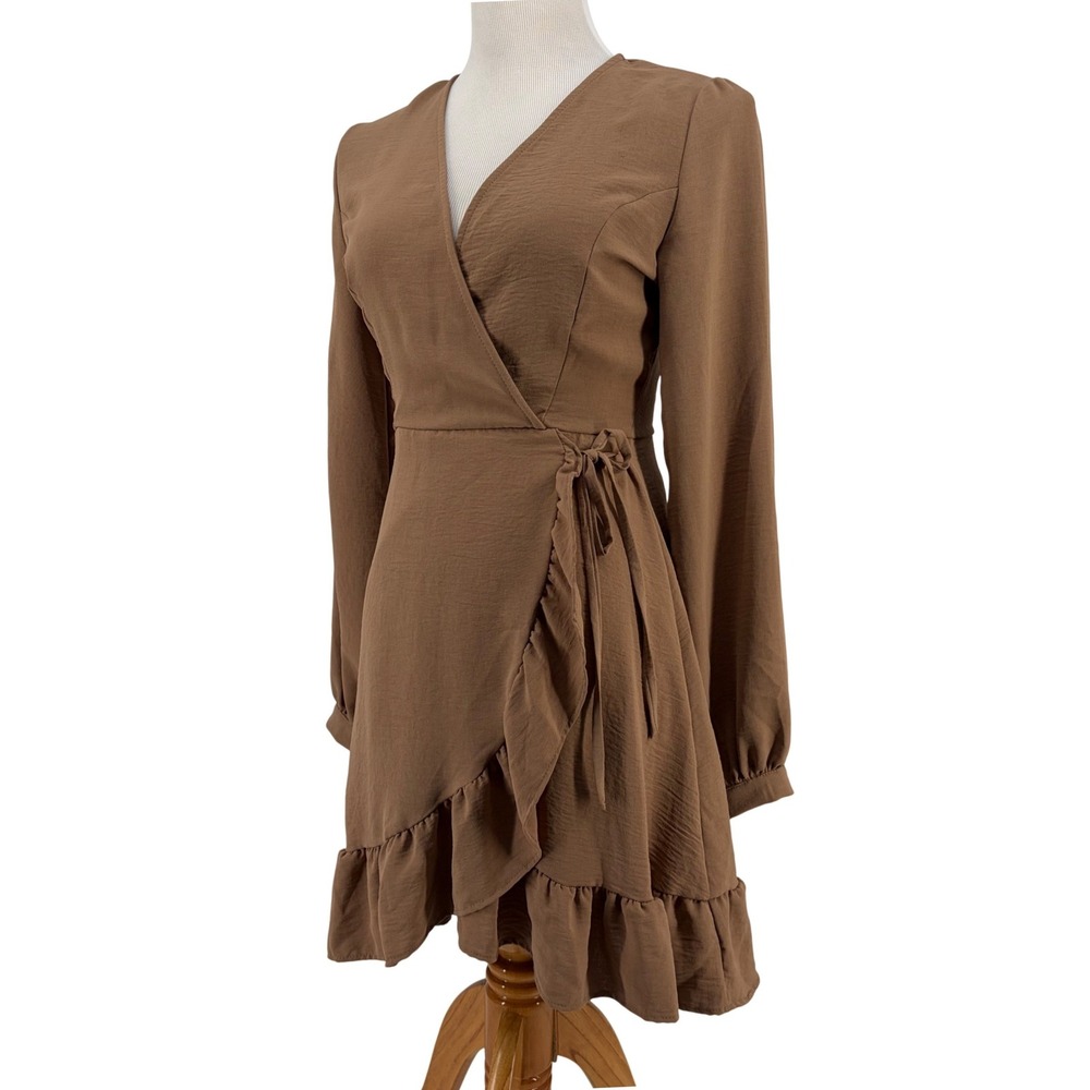 Altar'd State Wrap Mini Dress Long Sleeve Ruffle Mocha Brown Boho Small Neutral